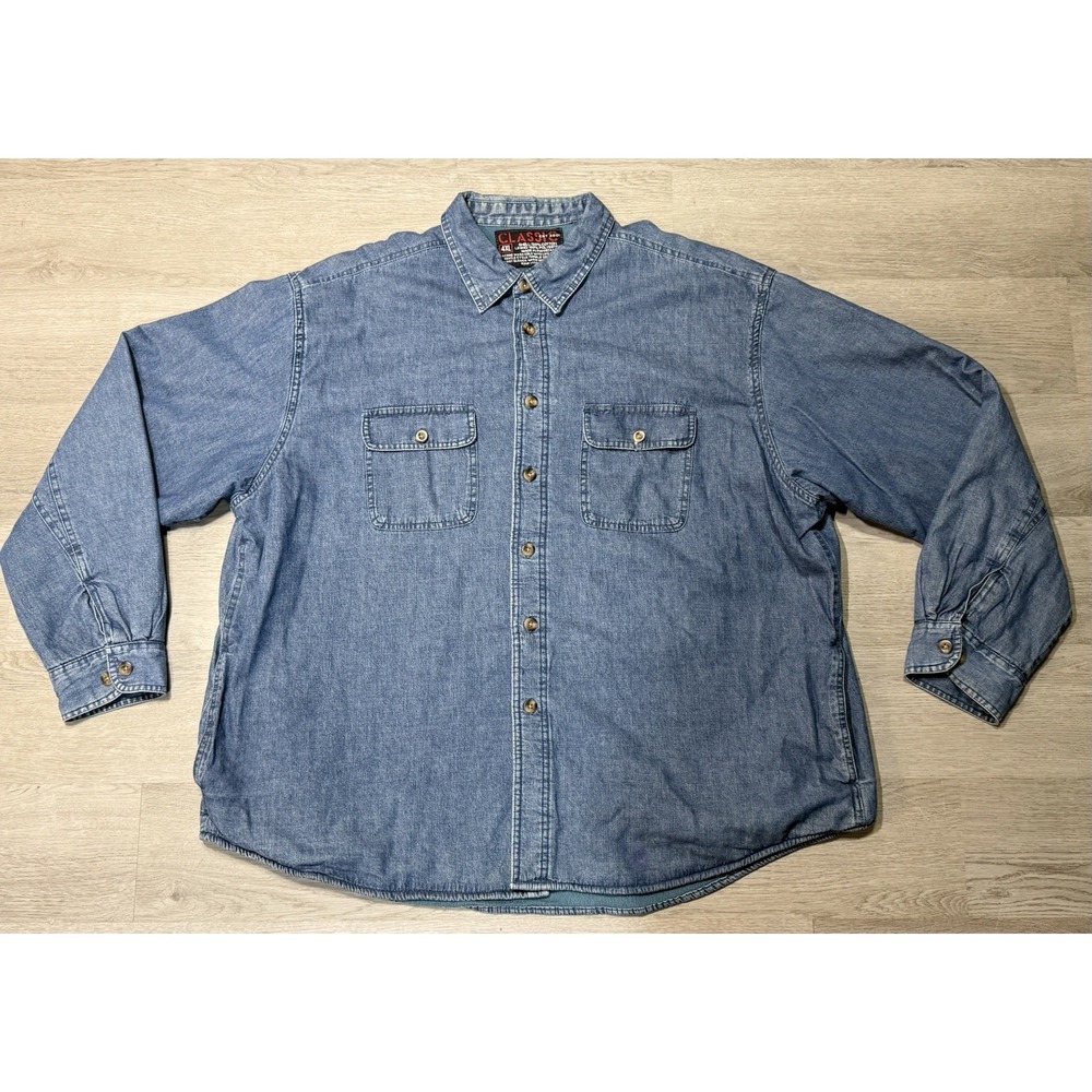 Vintage Classic Denim Shirt Men 4XL Blue Button Up  Fleece Lined Workwear 90's